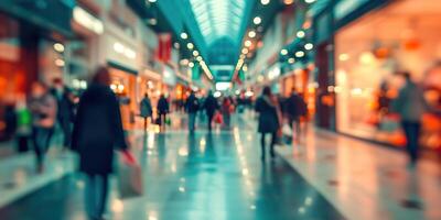 ai gegenereerd generatief ai, boodschappen doen winkelcentrum met mensen, beweging vervagen, wazig abstract achtergrond foto