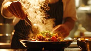 ai gegenereerd generatief ai, chef is Koken met stomen heet pan, bezig restaurant keuken foto