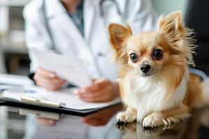 ai gegenereerd generatief ai, schattig klein hond wezen onderzocht door professioneel dierenarts in dierenarts kliniek foto