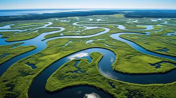 ai gegenereerd generatief ai, antenne visie van labyrint waterwegen, dar foto, mooi landschap foto