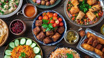 ai gegenereerd heerlijk iftaar of suhoor Aan tafel voor Ramadan vasten, top visie foto