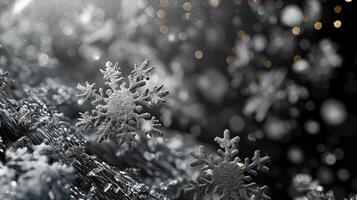 ai gegenereerd sneeuwvlok detailopname Aan donker besneeuwd achtergrond, winter sneeuwval foto
