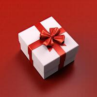 ai gegenereerd wit geschenk doos verpakt in rood lint en boog, rood achtergrond, top visie foto