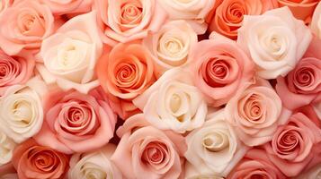 ai gegenereerd een top visie van mooi roze rozen in divers tinten, vormen een bloemen achtergrond structuur foto