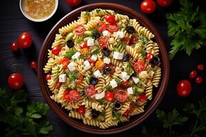 ai gegenereerd pasta salade met feta kaas, tomaten en komkommers foto