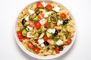 ai gegenereerd pasta salade met feta kaas, tomaten en komkommers foto