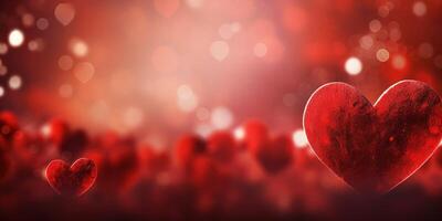 ai gegenereerd een levendig rood achtergrond met harten en bokeh ideaal voor vieren Valentijnsdag dag foto
