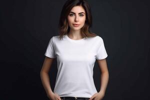 ai gegenereerd een mooi jong vrouw in een wit t-shirt foto