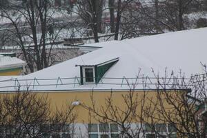 daken en schoorstenen gedekt met sneeuw in winter foto