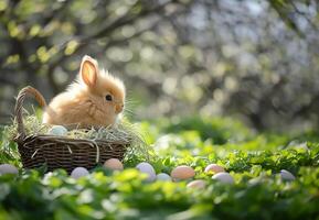 ai gegenereerd baby konijn in mand met eieren in voorjaar landschap foto