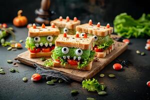 ai gegenereerd schattig monster boterhammen voor halloween partij foto