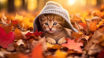 ai gegenereerd schattig weinig katje in een hoed Aan de herfst bladeren achtergrond. foto