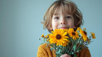 ai gegenereerd jongen met bloem boeket Aan minimalistische achtergrond met kopiëren ruimte foto