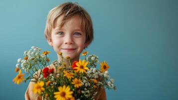 ai gegenereerd jongen met bloem boeket Aan minimalistische achtergrond met kopiëren ruimte foto