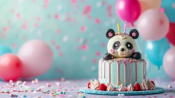 ai gegenereerd verjaardag panda taart met condles, ballonnen, confetti Aan minimalistische levendig achtergrond met kopiëren ruimte foto