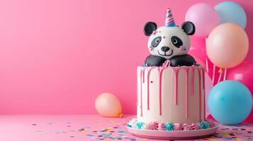 ai gegenereerd verjaardag panda taart met condles, ballonnen, confetti Aan minimalistische levendig achtergrond met kopiëren ruimte foto