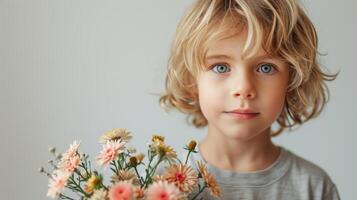 ai gegenereerd jongen met bloem boeket Aan minimalistische achtergrond met kopiëren ruimte foto