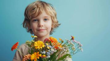 ai gegenereerd jongen met bloem boeket Aan minimalistische achtergrond met kopiëren ruimte foto