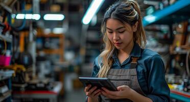 ai gegenereerd vrouw monteur gebruik makend van tablet of cel telefoon in garage foto