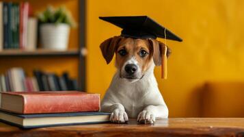ai gegenereerd wereldbol, boeken en schattig hond in diploma uitreiking pet Aan minimalistische levendig achtergrond met kopiëren ruimte foto