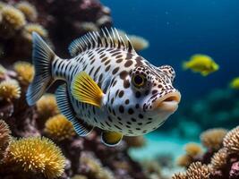 ai gegenereerd detailopname van mooi kleurrijk vis in de oceaan, dier achtergrond, kogelvis vis, aquarium foto