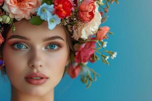 ai gegenereerd schoonheid vrouw portret met krans van bloemen Aan hoofd blauw achtergrond foto