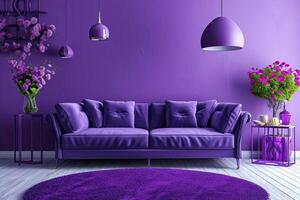 ai gegenereerd modern Purper leven kamer ontwerp met sofa en meubilair met bloemen. foto