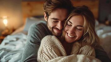 ai gegenereerd gelukkig paar knuffel, binding en uitgeven kom tot rust ochtend- samen in slaapkamer foto