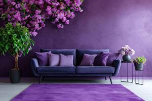 ai gegenereerd modern Purper leven kamer ontwerp met sofa en meubilair met bloemen. foto