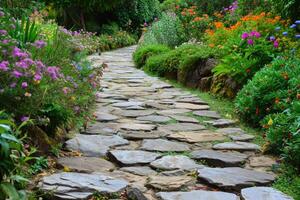 ai gegenereerd steen wandelen pad in de tuin. foto