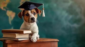 ai gegenereerd wereldbol, boeken en schattig hond in diploma uitreiking pet Aan minimalistische levendig achtergrond met kopiëren ruimte foto