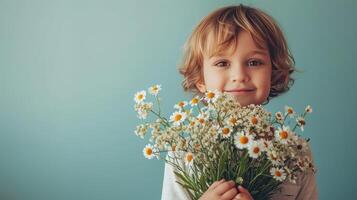 ai gegenereerd weinig jongen fith bloem boeket Aan minimalistische achtergrond met kopiëren ruimte foto