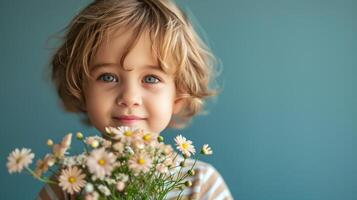 ai gegenereerd weinig jongen fith bloem boeket Aan minimalistische achtergrond met kopiëren ruimte foto