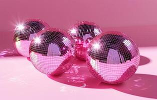 ai gegenereerd vier roze disco ballen Aan een roze achtergrond, knal inspiratie, gespiegeld, happycore, foto