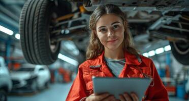 ai gegenereerd technicus Holding een tablet en een auto onder een garage staan foto