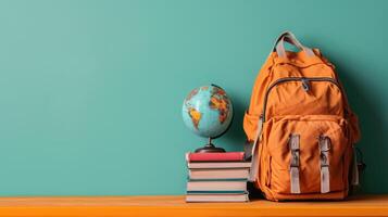 ai gegenereerd wereldbol, boeken en school- zak Aan minimalistische levendig achtergrond met kopiëren ruimte foto