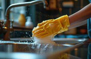 ai gegenereerd vrouw het wassen hand- in geel handschoenen in keuken wastafel foto