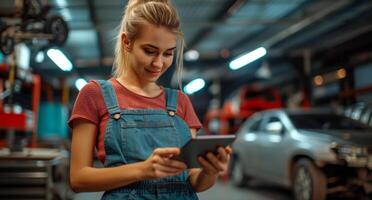 ai gegenereerd technicus Holding een tablet en een auto onder een garage staan foto