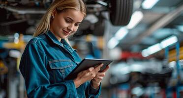 ai gegenereerd technicus Holding een tablet en een auto onder een garage staan foto