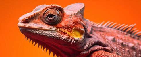 ai gegenereerd een kameleon op zoek vooruit Aan een oranje achtergrond foto