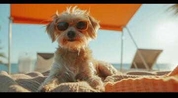 ai gegenereerd een klein hond met zonnebril zit Aan een deken in de buurt een luifel, foto