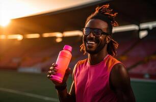 ai gegenereerd een glimlachen atleet is Holding een sport- drinken foto