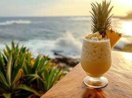 ai gegenereerd een ananas cocktail Aan een tafel Aan een strand foto