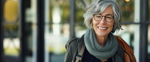 ai gegenereerd een senior vrouw is glimlachen met een zak Aan haar schouder foto