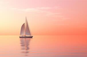 ai gegenereerd een zeilboot het zeilen in de oceaan Bij zonsondergang foto