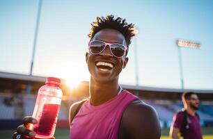 ai gegenereerd een glimlachen atleet is Holding een sport- drinken foto