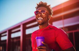 ai gegenereerd een glimlachen atleet is Holding een sport- drinken foto