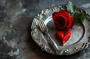 ai gegenereerd een zilver bord met een hart vormig bestek en roos foto