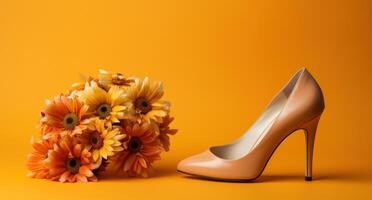 ai gegenereerd hoog hiel- roze hoog hielden schoenen Aan beige met roze bloemen Aan een oranje achtergrond foto