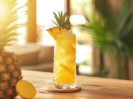 ai gegenereerd drinken geserveerd met plak van ananas Aan een houten tafel foto